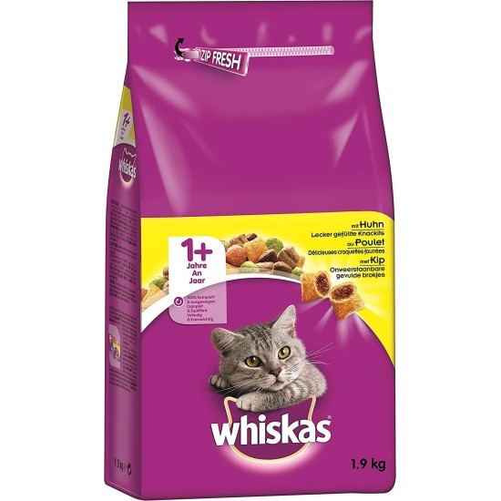 Whiskas Cat / Dry Food Adult 1+ for adult cats with chicken, 2 bags (2 x 1.9 kg) Whiskas Cat / Dry Food Adult 1+ for adult cats with chicken, 2 bags (2 x 1.9 kg)