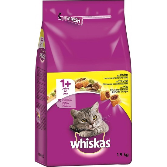 Whiskas Cat / Dry Food Adult 1+ for adult cats with chicken, 2 bags (2 x 1.9 kg)