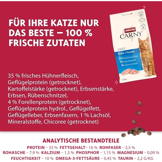 animonda Carny Adult Chicken + Trout (10 kg), Adult Dry Food for Adult Cats, Cat Food without Grain and Sugar, Cat Dry Food with 65% Meat and Fish animonda Carny Adult Chicken + Trout (10 kg), Adult Dry Food for Adult Cats, Cat Food without Grain and Sugar, Cat Dry Food with 65% Meat and Fish
