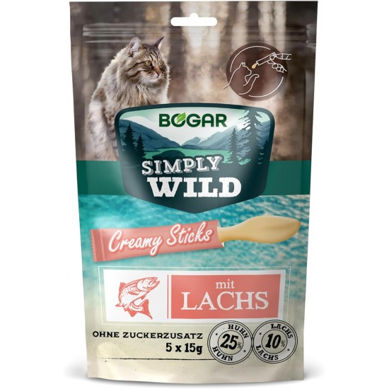 Bogar Simply Wild - Cat Treats - Supplement to Cat Food - Creamy Cat Sticks with Salmon - Delicious Cat Snacks for Cat Care & Reward - Perfect for Interactive Moments - 5 x 15 g Bogar Simply Wild - Cat Treats - Supplement to Cat Food - Creamy Cat Sticks with Salmon - Delicious Cat Snacks for Cat Care & Reward - Perfect for Interactive Moments - 5 x 15 g