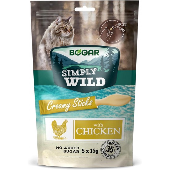 Bogar Simply Wild - Cat Treats - Supplement to Cat Food - Creamy Cat Sticks with Salmon - Delicious Cat Snacks for Cat Care & Reward - Perfect for Interactive Moments - 5 x 15 g Bogar Simply Wild - Cat Treats - Supplement to Cat Food - Creamy Cat Sticks with Salmon - Delicious Cat Snacks for Cat Care & Reward - Perfect for Interactive Moments - 5 x 15 g