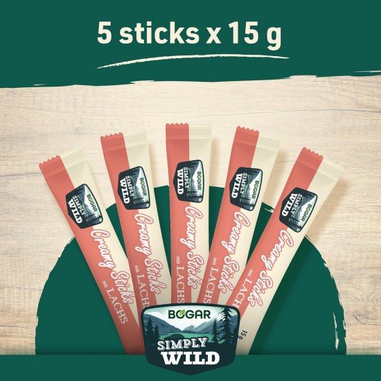 Bogar Simply Wild - Cat Treats - Supplement to Cat Food - Creamy Cat Sticks with Salmon - Delicious Cat Snacks for Cat Care & Reward - Perfect for Interactive Moments - 5 x 15 g Bogar Simply Wild - Cat Treats - Supplement to Cat Food - Creamy Cat Sticks with Salmon - Delicious Cat Snacks for Cat Care & Reward - Perfect for Interactive Moments - 5 x 15 g