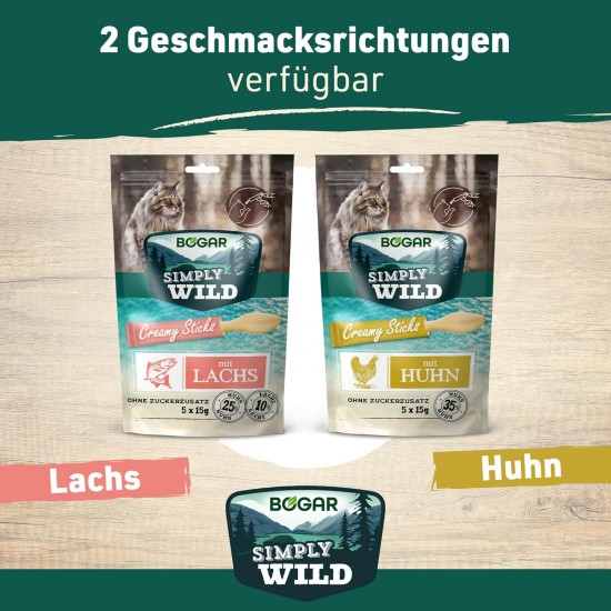 Bogar Simply Wild - Cat Treats - Supplement to Cat Food - Creamy Cat Sticks with Salmon - Delicious Cat Snacks for Cat Care & Reward - Perfect for Interactive Moments - 5 x 15 g Bogar Simply Wild - Cat Treats - Supplement to Cat Food - Creamy Cat Sticks with Salmon - Delicious Cat Snacks for Cat Care & Reward - Perfect for Interactive Moments - 5 x 15 g