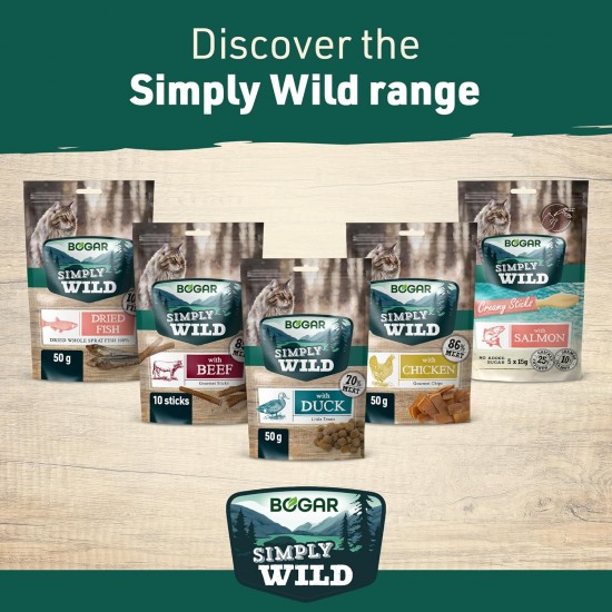 Bogar Simply Wild - Cat Treats - Supplement to Cat Food - Crispy Treats for Cats with Salmon - For Enjoyment & Cat Care - In the Form of Delicate Meat Strips - 50 g Bogar Simply Wild - Cat Treats - Supplement to Cat Food - Crispy Treats for Cats with Salmon - For Enjoyment & Cat Care - In the Form of Delicate Meat Strips - 50 g