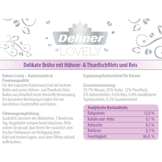 Dehner Premium Lovely Cat Treat Gluten Free Adult Cat Broth with Chicken Tuna in Bag 24 x 40g (960g) Dehner Premium Lovely Cat Treat Gluten Free Adult Cat Broth with Chicken Tuna in Bag 24 x 40g (960g)