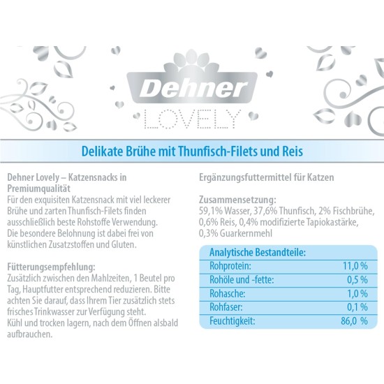 Dehner Premium Lovely Cat Treat Gluten Free Adult Cat Broth with Tuna in Bag 24 x 40g (960g) Dehner Premium Lovely Cat Treat Gluten Free Adult Cat Broth with Tuna in Bag 24 x 40g (960g)