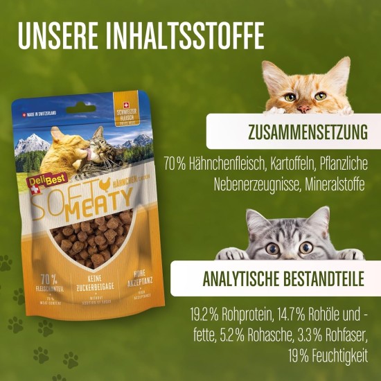 DeliBest Soft Meatys Cat Treats Made of Swiss Chicken Meat, Grain-Free, Semi-Moist Treats, Easy to Digest, Cat Snack without Artificial Additives, Suitable for Allergy Sufferers, 100 g DeliBest Soft Meatys Cat Treats Made of Swiss Chicken Meat, Grain-Free, Semi-Moist Treats, Easy to Digest, Cat Snack without Artificial Additives, Suitable for Allergy Sufferers, 100 g