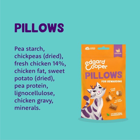 Edgard Cooper Natural Cat Snacks, Pillows with Chicken (1 x 60g Bag), Packed with Fresh Meat, Grain Free, Less Than 2 Kcal Per Snack, Natural Ingredients & No Added Sugar. Edgard Cooper Natural Cat Snacks, Pillows with Chicken (1 x 60g Bag), Packed with Fresh Meat, Grain Free, Less Than 2 Kcal Per Snack, Natural Ingredients & No Added Sugar.