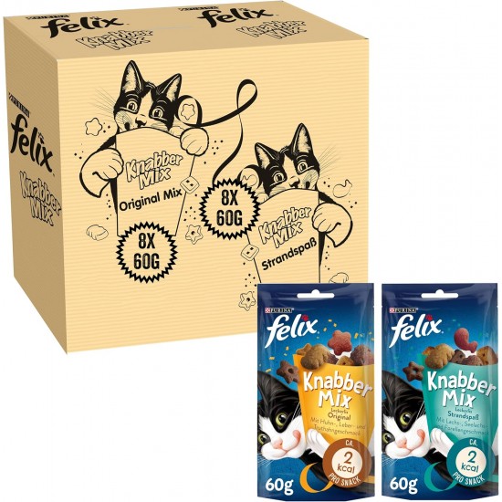 Felix Knabber Mix Original and Strandspaß (Beach Fun) Cat Snack with Various Varieties, Mixtray 2 x (8 x 60 g) Felix Knabber Mix Original and Strandspaß (Beach Fun) Cat Snack with Various Varieties, Mixtray 2 x (8 x 60 g)