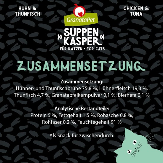 GranataPet Suppenkasper Tuna, 12 x 70 g, Snack for Cats, Treats for Extra Hydration, Soup Against Small Hunger, Cat Food without Grains and No Added Sugar GranataPet Suppenkasper Tuna, 12 x 70 g, Snack for Cats, Treats for Extra Hydration, Soup Against Small Hunger, Cat Food without Grains and No Added Sugar