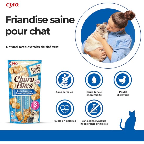 INABA Churu Bites Rich in Chicken and Tuna Cat Treats | Grain Free, Sugar Free, No Artificial Flavours Cat Snacks | Perfect to Hide Medicine 30 g (Pack of 1) INABA Churu Bites Rich in Chicken and Tuna Cat Treats | Grain Free, Sugar Free, No Artificial Flavours Cat Snacks | Perfect to Hide Medicine 30 g (Pack of 1)