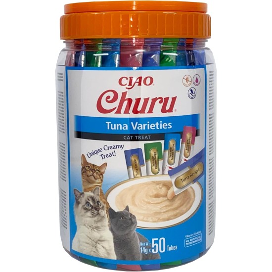 INABA Churu Cat Treats Liquid Snack Variety Box with Tuna | Grain Free, Sugar Free, No Artificial Flavours | 100% Natural Meat, Premium Cat Snacks from Japan 60 x 14 g INABA Churu Cat Treats Liquid Snack Variety Box with Tuna | Grain Free, Sugar Free, No Artificial Flavours | 100% Natural Meat, Premium Cat Snacks from Japan 60 x 14 g