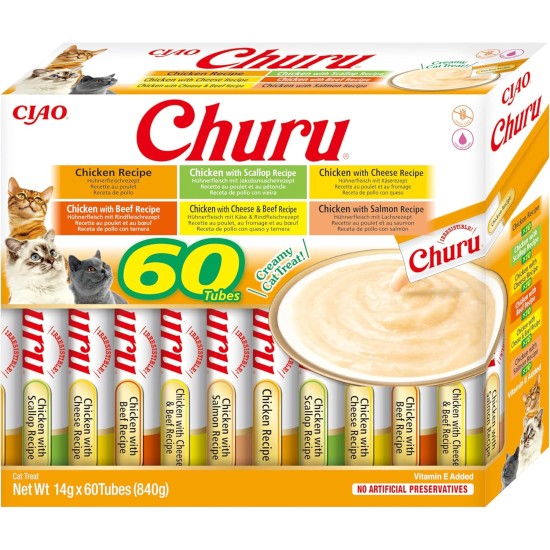 INABA Churu Cat Treats Liquid Snack Variety Box with Tuna | Grain Free, Sugar Free, No Artificial Flavours | 100% Natural Meat, Premium Cat Snacks from Japan 60 x 14 g INABA Churu Cat Treats Liquid Snack Variety Box with Tuna | Grain Free, Sugar Free, No Artificial Flavours | 100% Natural Meat, Premium Cat Snacks from Japan 60 x 14 g