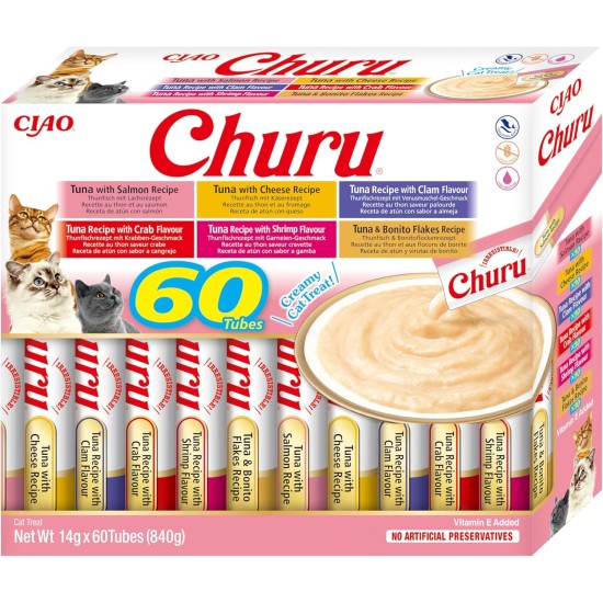 INABA Churu Cat Treats Liquid Snack Variety Box with Tuna | Grain Free, Sugar Free, No Artificial Flavours | 100% Natural Meat, Premium Cat Snacks from Japan 60 x 14 g INABA Churu Cat Treats Liquid Snack Variety Box with Tuna | Grain Free, Sugar Free, No Artificial Flavours | 100% Natural Meat, Premium Cat Snacks from Japan 60 x 14 g