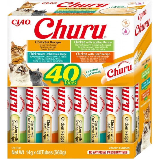 INABA Churu Cat Treats, No By-Products, Creamy Snack, Variety Box with Seafood, Grain-Free, Sugar-Free, Low Calorie, 100% Natural Meat, Premium Cat Treats, 560 g INABA Churu Cat Treats, No By-Products, Creamy Snack, Variety Box with Seafood, Grain-Free, Sugar-Free, Low Calorie, 100% Natural Meat, Premium Cat Treats, 560 g