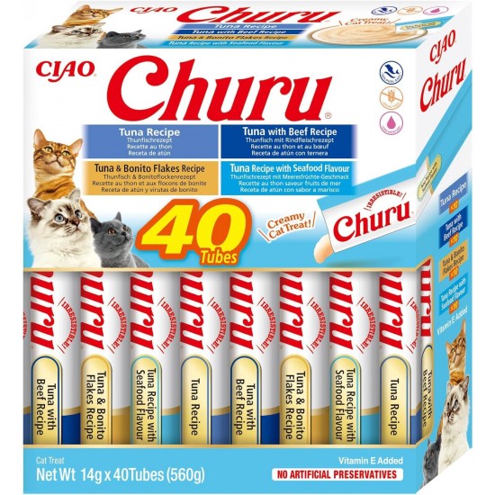 INABA Churu Cat Treats, No By-Products, Creamy Snack, Variety Box with Seafood, Grain-Free, Sugar-Free, Low Calorie, 100% Natural Meat, Premium Cat Treats, 560 g INABA Churu Cat Treats, No By-Products, Creamy Snack, Variety Box with Seafood, Grain-Free, Sugar-Free, Low Calorie, 100% Natural Meat, Premium Cat Treats, 560 g
