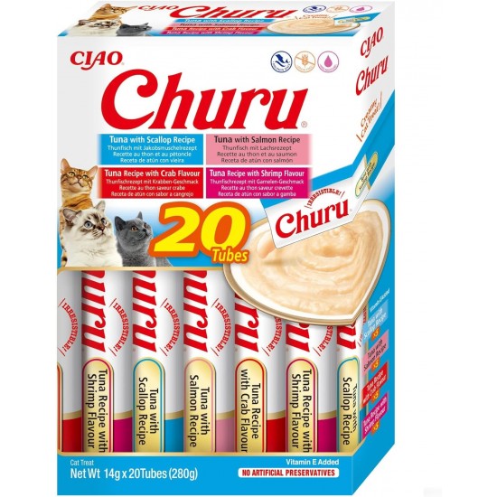 INABA Churu Cat Treats, No By-Products, Creamy Snack, Variety Box with Seafood, Grain-Free, Sugar-Free, Low Calorie, 100% Natural Meat, Premium Cat Treats, 280 g INABA Churu Cat Treats, No By-Products, Creamy Snack, Variety Box with Seafood, Grain-Free, Sugar-Free, Low Calorie, 100% Natural Meat, Premium Cat Treats, 280 g