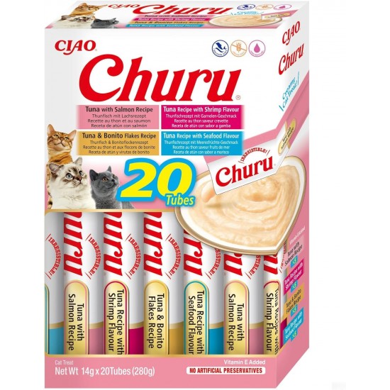 INABA Churu Cat Treats, No By-Products, Creamy Snack, Variety Box with Seafood, Grain-Free, Sugar-Free, Low Calorie, 100% Natural Meat, Premium Cat Treats, 280 g