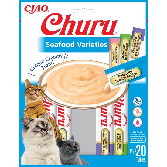 INABA Churu Cat Treats, No By-Products, Creamy Snack, Variety Box with Seafood, Grain-Free, Sugar-Free, Low Calorie, 100% Natural Meat, Premium Cat Treats, 280 g INABA Churu Cat Treats, No By-Products, Creamy Snack, Variety Box with Seafood, Grain-Free, Sugar-Free, Low Calorie, 100% Natural Meat, Premium Cat Treats, 280 g