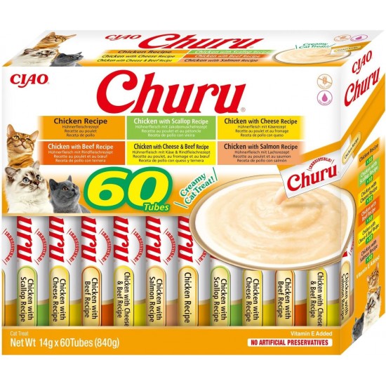 INABA Churu Cat Treats, No By-Products, Creamy Snack, Variety Box with Tuna, Grain-Free, Sugar-Free, Low Calorie, 100% Natural Meat, Premium Cat Treats from Japan INABA Churu Cat Treats, No By-Products, Creamy Snack, Variety Box with Tuna, Grain-Free, Sugar-Free, Low Calorie, 100% Natural Meat, Premium Cat Treats from Japan