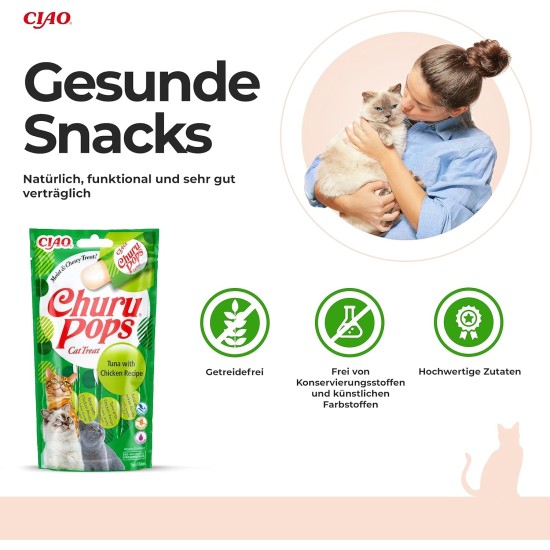 INABA Churu Pops Rich in Tuna Cat Treats, Grain-Free, Sugar-Free, No Artificial Flavours, High Moisture Content, Cat Snacks, 60 g (Pack of 1) INABA Churu Pops Rich in Tuna Cat Treats, Grain-Free, Sugar-Free, No Artificial Flavours, High Moisture Content, Cat Snacks, 60 g (Pack of 1)