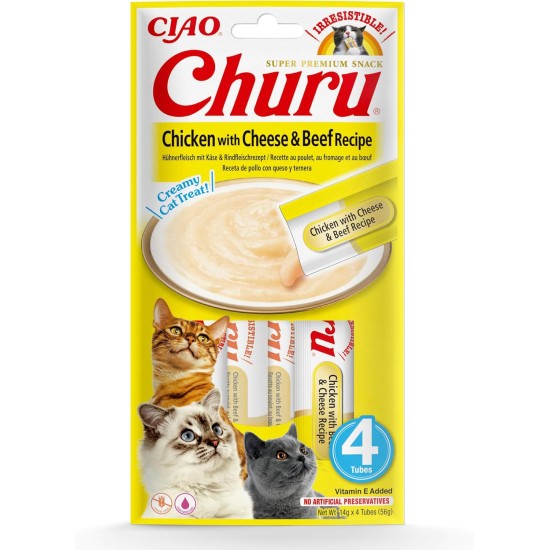 INABA Churu Puree Cat Snacks - Cat Paste for Feeding from Hand - Cat Sticks with Chicken & Cheese & Beef - 4 Sticks x 14 g INABA Churu Puree Cat Snacks - Cat Paste for Feeding from Hand - Cat Sticks with Chicken & Cheese & Beef - 4 Sticks x 14 g