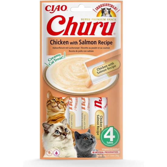 INABA Churu Puree Cat Snacks - Cat Paste for Feeding from the Hand - Cat Sticks with Chicken & Salmon - 4 Sticks x 14 g INABA Churu Puree Cat Snacks - Cat Paste for Feeding from the Hand - Cat Sticks with Chicken & Salmon - 4 Sticks x 14 g