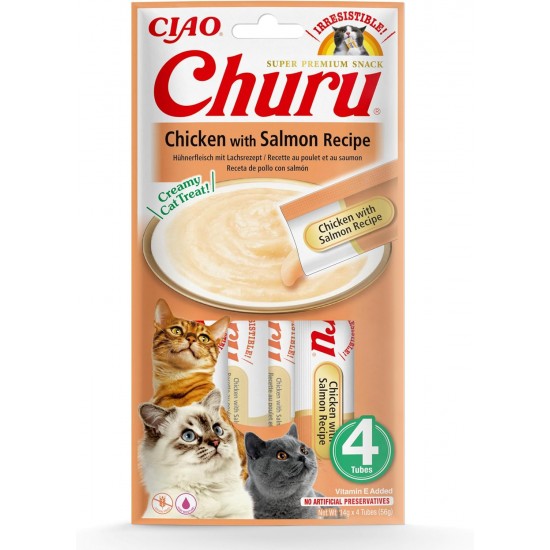INABA Churu Puree Cat Snacks - Cat Paste for Feeding from the Hand - Cat Sticks with Chicken & Salmon - 4 Sticks x 14 g INABA Churu Puree Cat Snacks - Cat Paste for Feeding from the Hand - Cat Sticks with Chicken & Salmon - 4 Sticks x 14 g