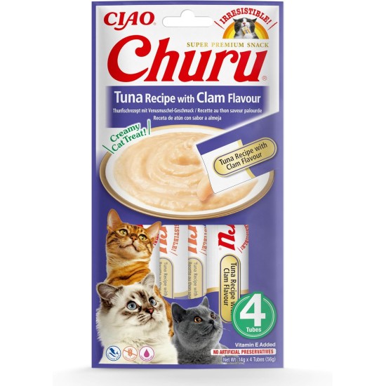 INABA Churu Puree Cat Snacks - Cat Paste for Feeding from the Hand - Cat Sticks with Tuna & Clam - 4 Sticks x 14 g INABA Churu Puree Cat Snacks - Cat Paste for Feeding from the Hand - Cat Sticks with Tuna & Clam - 4 Sticks x 14 g