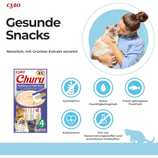 INABA Churu Puree Cat Snacks - Cat Paste for Feeding from the Hand - Cat Sticks with Tuna & Clam - 4 Sticks x 14 g INABA Churu Puree Cat Snacks - Cat Paste for Feeding from the Hand - Cat Sticks with Tuna & Clam - 4 Sticks x 14 g