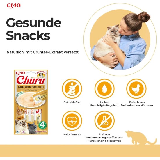 INABA Churu Puree Cat Snacks - Cat Paste for Feeding from the Hand - Cat Sticks with Tuna & Clam - 4 Sticks x 14 g INABA Churu Puree Cat Snacks - Cat Paste for Feeding from the Hand - Cat Sticks with Tuna & Clam - 4 Sticks x 14 g