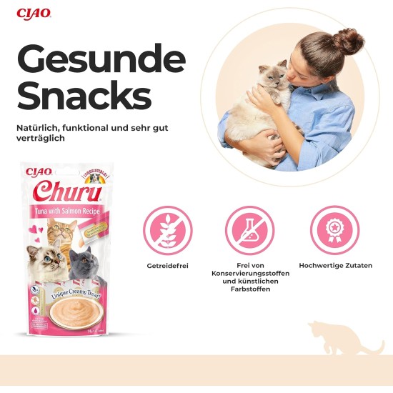 INABA Churu Puree Cat Snacks - Cat Paste for Feeding from the Hand - Cat Sticks with Tuna & Clam - 4 Sticks x 14 g INABA Churu Puree Cat Snacks - Cat Paste for Feeding from the Hand - Cat Sticks with Tuna & Clam - 4 Sticks x 14 g