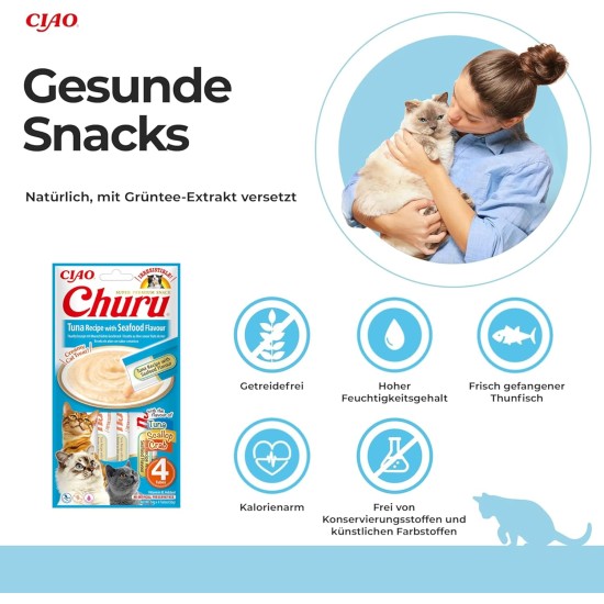 INABA Churu Puree Cat Snacks - Cat Paste for Feeding from the Hand - Cat Sticks with Tuna & Clam - 4 Sticks x 14 g INABA Churu Puree Cat Snacks - Cat Paste for Feeding from the Hand - Cat Sticks with Tuna & Clam - 4 Sticks x 14 g