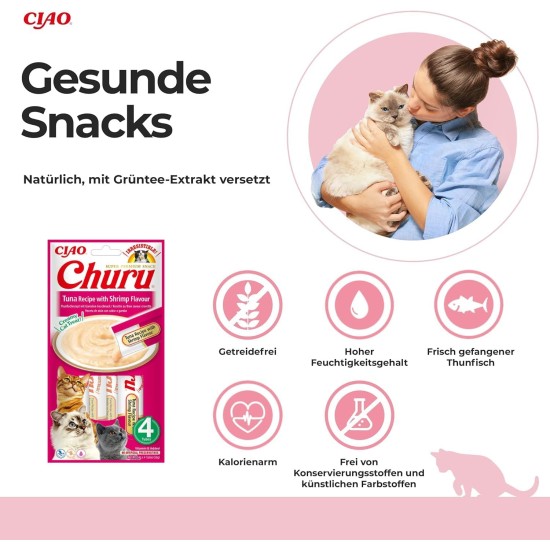 INABA Churu Puree Cat Snacks - Cat Paste for Feeding from the Hand - Cat Sticks with Tuna & Clam - 4 Sticks x 14 g INABA Churu Puree Cat Snacks - Cat Paste for Feeding from the Hand - Cat Sticks with Tuna & Clam - 4 Sticks x 14 g