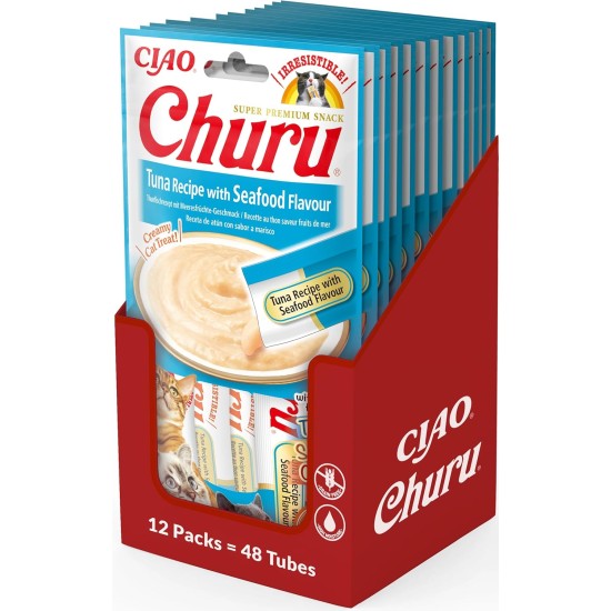 INABA Churu Puree Cat Snacks - Cat Paste for Feeding from the Hand - Cat Sticks with Tuna & Clam - 4 Sticks x 14 g INABA Churu Puree Cat Snacks - Cat Paste for Feeding from the Hand - Cat Sticks with Tuna & Clam - 4 Sticks x 14 g