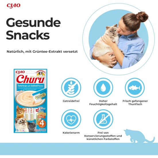 INABA Churu Puree Cat Snacks - Cat Paste for Feeding from the Hand - Cat Sticks with Tuna & Clam - 4 Sticks x 14 g INABA Churu Puree Cat Snacks - Cat Paste for Feeding from the Hand - Cat Sticks with Tuna & Clam - 4 Sticks x 14 g