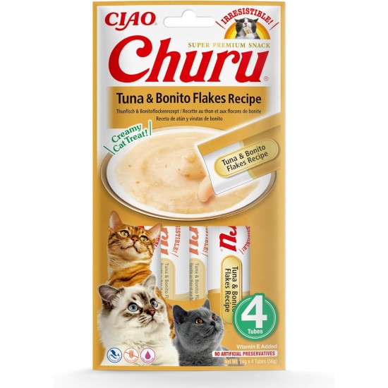 INABA Churu Puree Cat Snacks - Cat Paste for Feeding from the Hand - Cat Sticks with Tuna & Clam - 4 Sticks x 14 g INABA Churu Puree Cat Snacks - Cat Paste for Feeding from the Hand - Cat Sticks with Tuna & Clam - 4 Sticks x 14 g