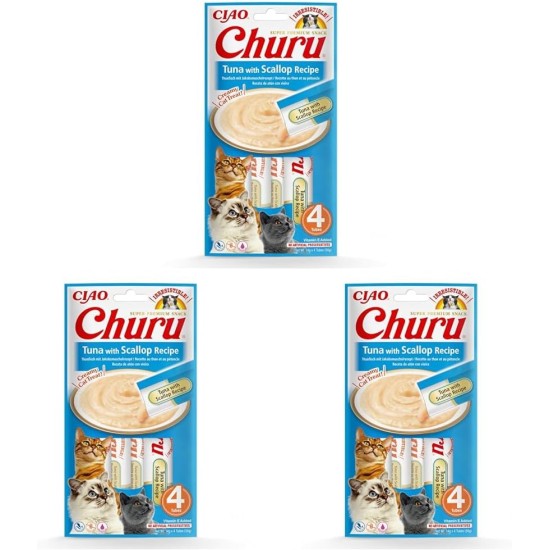 INABA Churu Puree Cat Snacks - Cat Paste for Feeding from the Hand - Cat Sticks with Tuna & Clam - 4 Sticks x 14 g INABA Churu Puree Cat Snacks - Cat Paste for Feeding from the Hand - Cat Sticks with Tuna & Clam - 4 Sticks x 14 g