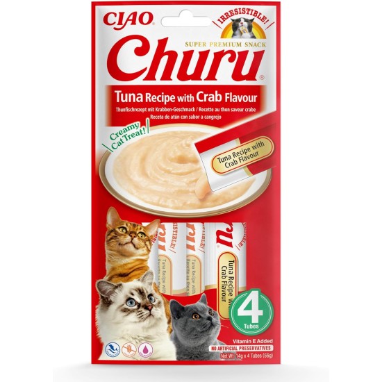 INABA Churu Puree Cat Snacks - Cat Paste for Feeding from the Hand - Cat Sticks with Tuna & Clam - 4 Sticks x 14 g INABA Churu Puree Cat Snacks - Cat Paste for Feeding from the Hand - Cat Sticks with Tuna & Clam - 4 Sticks x 14 g