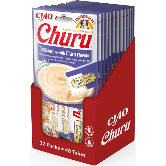 INABA Churu Puree Cat Snacks - Cat Paste for Feeding from the Hand - Cat Sticks with Tuna & Clam - 4 Sticks x 14 g INABA Churu Puree Cat Snacks - Cat Paste for Feeding from the Hand - Cat Sticks with Tuna & Clam - 4 Sticks x 14 g