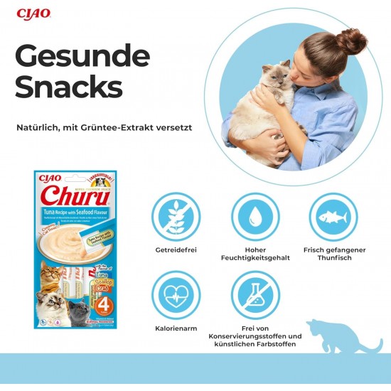 INABA Churu Puree Cat Treats - Cat Paste for Feeding from Hand - Cat Sticks with Tuna & Seafood - 12 Pack / 48 Sticks INABA Churu Puree Cat Treats - Cat Paste for Feeding from Hand - Cat Sticks with Tuna & Seafood - 12 Pack / 48 Sticks