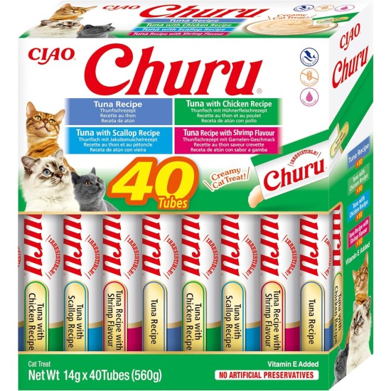 INABA Churu Puree Cat Treats Creamy Snacks, Variety Box with Tuna & Seafood 40 x 14 g, Premium Quality Cat Snacks INABA Churu Puree Cat Treats Creamy Snacks, Variety Box with Tuna & Seafood 40 x 14 g, Premium Quality Cat Snacks