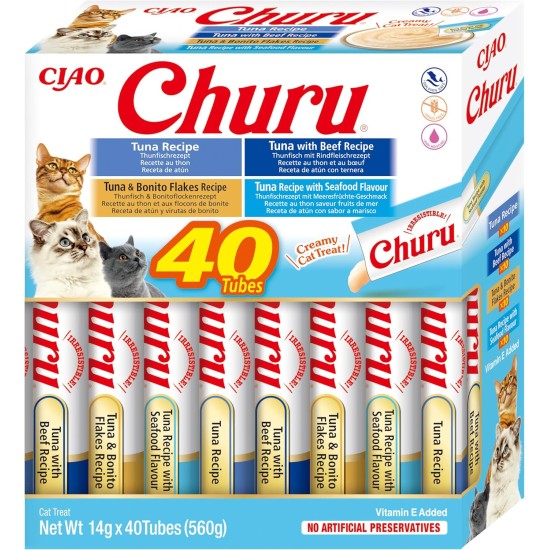 INABA Churu Puree Cat Treats Creamy Snacks, Variety Box with Tuna & Seafood 40 x 14 g, Premium Quality Cat Snacks INABA Churu Puree Cat Treats Creamy Snacks, Variety Box with Tuna & Seafood 40 x 14 g, Premium Quality Cat Snacks