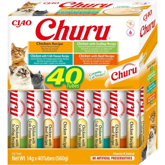 INABA Churu Puree Cat Treats Creamy Snacks, Variety Box with Tuna & Seafood 40 x 14 g, Premium Quality Cat Snacks INABA Churu Puree Cat Treats Creamy Snacks, Variety Box with Tuna & Seafood 40 x 14 g, Premium Quality Cat Snacks