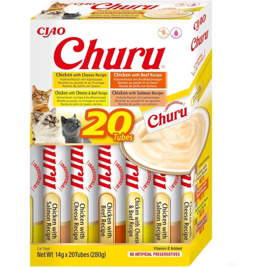INABA Churu Puree Multipack - Total 20 Tubes: 5x Chicken with Cheese, 5x Chicken with Beef, 5x Chicken with Cheese & Beef and 5x Chicken with Salmon INABA Churu Puree Multipack - Total 20 Tubes: 5x Chicken with Cheese, 5x Chicken with Beef, 5x Chicken with Cheese & Beef and 5x Chicken with Salmon