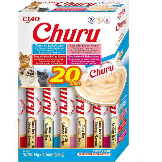 INABA Churu Puree Multipack - Total 20 Tubes: 5x Chicken with Cheese, 5x Chicken with Beef, 5x Chicken with Cheese & Beef and 5x Chicken with Salmon INABA Churu Puree Multipack - Total 20 Tubes: 5x Chicken with Cheese, 5x Chicken with Beef, 5x Chicken with Cheese & Beef and 5x Chicken with Salmon