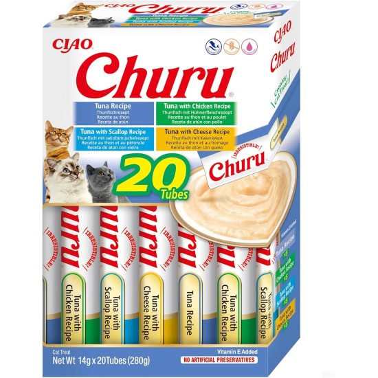 INABA Churu Puree Multipack - Total 20 Tubes: 5x Chicken with Cheese, 5x Chicken with Beef, 5x Chicken with Cheese & Beef and 5x Chicken with Salmon INABA Churu Puree Multipack - Total 20 Tubes: 5x Chicken with Cheese, 5x Chicken with Beef, 5x Chicken with Cheese & Beef and 5x Chicken with Salmon