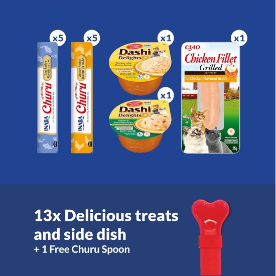 INABA Churu Puree Multipack - Total 20 Tubes: 5x Chicken with Cheese, 5x Chicken with Beef, 5x Chicken with Cheese & Beef and 5x Chicken with Salmon INABA Churu Puree Multipack - Total 20 Tubes: 5x Chicken with Cheese, 5x Chicken with Beef, 5x Chicken with Cheese & Beef and 5x Chicken with Salmon