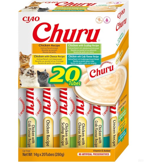 INABA Churu Puree Multipack - Total 20 Tubes: 5x Chicken with Cheese, 5x Chicken with Beef, 5x Chicken with Cheese & Beef and 5x Chicken with Salmon INABA Churu Puree Multipack - Total 20 Tubes: 5x Chicken with Cheese, 5x Chicken with Beef, 5x Chicken with Cheese & Beef and 5x Chicken with Salmon