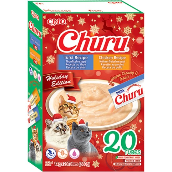 INABA Churu Puree Multipack - Total 20 Tubes: 5x Chicken with Cheese, 5x Chicken with Beef, 5x Chicken with Cheese & Beef and 5x Chicken with Salmon INABA Churu Puree Multipack - Total 20 Tubes: 5x Chicken with Cheese, 5x Chicken with Beef, 5x Chicken with Cheese & Beef and 5x Chicken with Salmon